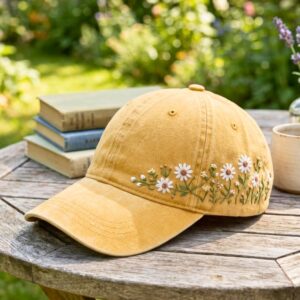 Hand Embroidered Blossom Daisy in Mustard Yellow Floral Essence Baseball Cap: Exquisite Style