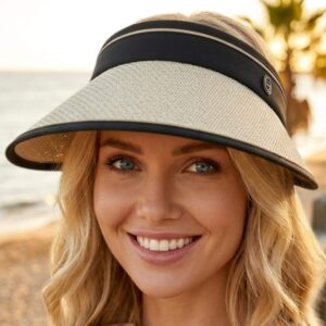 Straw Visor Hat: Women Summer Sun Protection Wide Brim Beach Cap Lightweight Travel Style