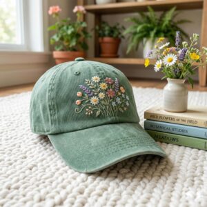 Floral Embroidered Hat: Wildflower Bouquet, Cottagecore Style Cap