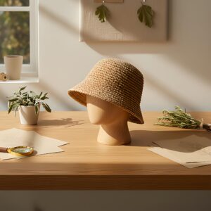 Khaki Bucket Hat, Woven Straw Sunhat for Women, Packable Beach Accessory, Summer Travel Essential
