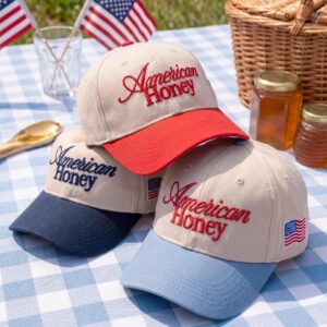 Embroidered American Honey Hat, Americana Patriotic Baseball Cap, Country Girl Aesthetic Hat, Fourth of July Gift, Retro Two Tone Dad Hat