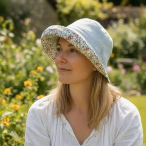 Linen Cotton Bonnet, Floral Trim Sun Hat, Spring Summer Bucket Hat