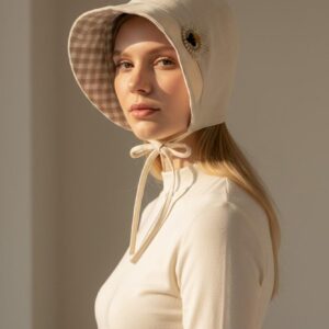 Linen Cotton Bonnet Hat, Gingham Floral Detail, Spring Summer Bucket Hat