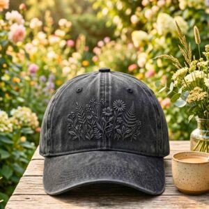 Embroidered Vintage Flowers Washed Cotton Cap: Botanical Wildflowers Boho Style