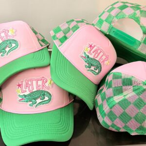 Later Gator Pink and Green Checkered Trucker Hat Trendy