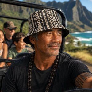 Reversible Tribal Bucket Hat | Black Ivory Hawaiian Print, Boho Surf Streetwear