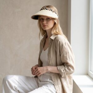 Elegant Check Trim Sun Visor for Women, Luxury Wide Brim Summer Hat for Resort Travel