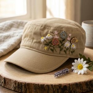 Embroidered Cadet Hat with Wildflowers ?C Handmade Floral Military Cap, Boho Cotton Army Hat for Women, Garden Style Gift