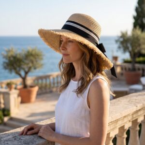 Raffia Sun Hat with Black Ribbon Bow, Wide Brim Beach Hat, Luxury Summer Vacation Hat