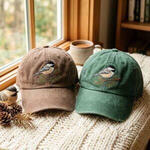 Washed Cotton Cap with Embroidered Chickadee Bird Design ?C Adjustable Strap