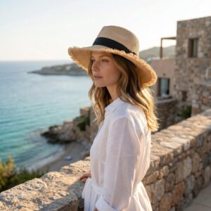 Raffia Sun Hat with Black Band, Frayed Wide Brim Beach Hat, Women's Summer Vacation Hat
