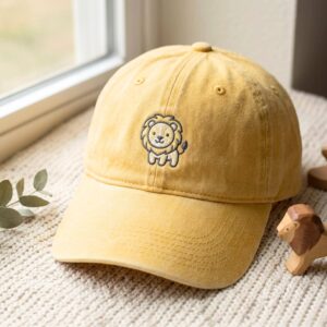 Washed Cotton Cap with Lion Embroidery ?C Adjustable Strap, One Size Fits Most