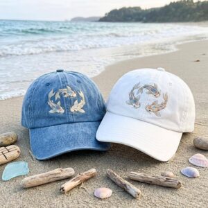 Embroidered Koi Fish Washed Cotton Cap, Japanese Style Adjustable Hat