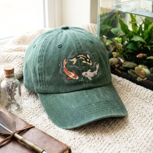 Washed Cotton Cap with Embroidered Koi Fish ?C Adjustable Strap Hat