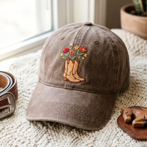 Embroidered Washed Cotton Cap with Cowboy Boots and Flowers ?C One Size Fits Most