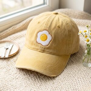 Washed Cotton Cap with Fried Egg Embroidery ?C Adjustable Strap, One Size Fits Most